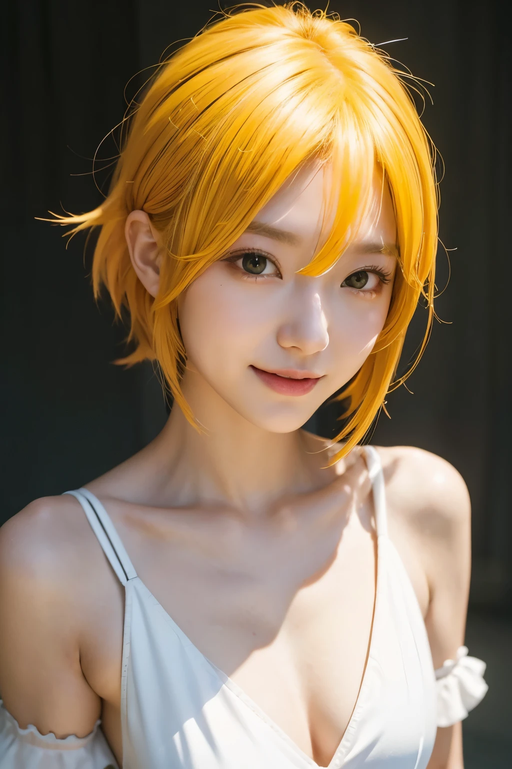 short bright light yellow-colored hair, beautiful skin just a little sunburned, slendar figure, slightly tall, small mouth, opening mouth a little, shaped nose, smooth shaped jawline, smiling brightly, slightly slanted eyes expression, glossy face, heavy makeup like an Anime character, wearing vivid cosplay-costume like an Anime character, just a little opened at the chest, posing looks likes Anime character who healing someone, close-up shoot, angle looking down from above