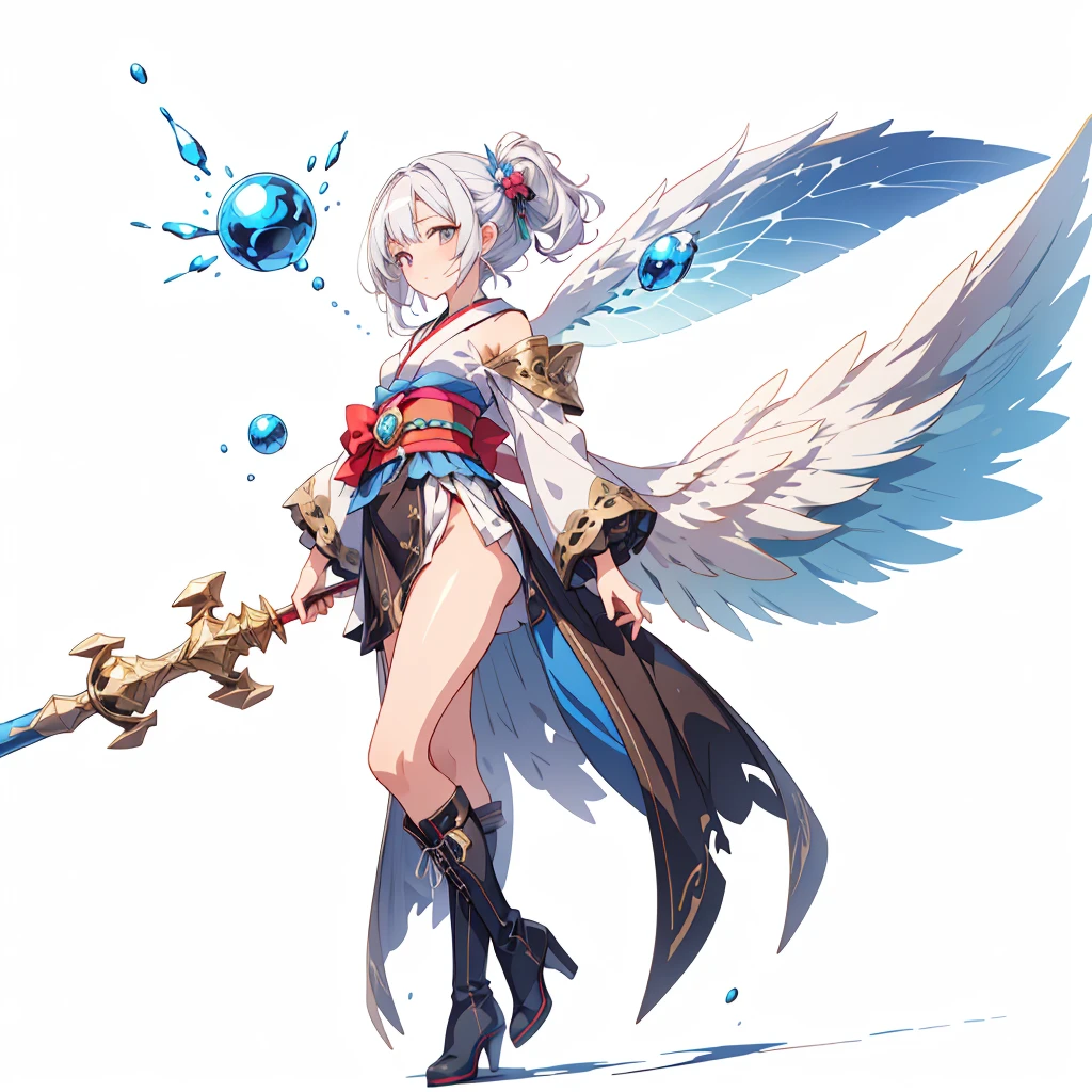 (masterpiece, Highest quality), (Perfect athletic body:1.2), (Fine hair), 非常にdetailedな, Anime Style, whole body, alone,  Goth**** kimono, Fairy Wings,Magical girl、Magic giant wand、  White hair and brown skin, high boots,Floating in the blue sky, High heel boots, 8K high resolution, White Background, whole body,Super huge、detailed、dynamic、