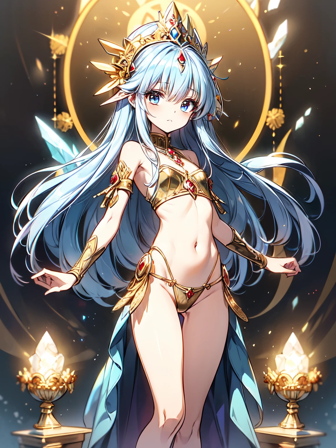 (crystal artifact), (metallic accessory), dancing(ethnic priestess), (gold embroidery), (stone gears), (sharp thong), narrow constricted waist, small hips, (dark color)eyes(highlights), slender legs, fantasy, mythical altar