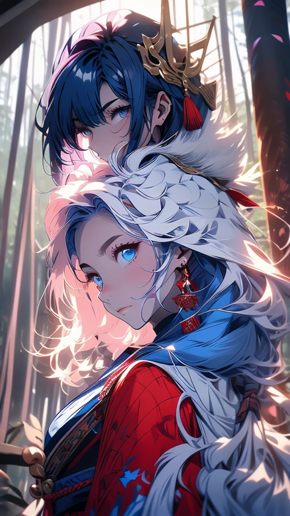 2 young men, without a beard, long blue hair, long red hair, blue eyes, Red eyes, White skin, Blue clothes, red clothes, China, Hanfu, In the woods