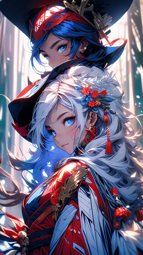 2 young men, without a beard, long blue hair, long red hair, blue eyes, Red eyes, White skin, Blue clothes, red clothes, China, Hanfu, In the woods