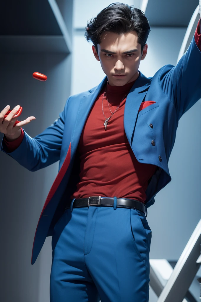 a man with open arms holding a red pill in one hand and a blue pill in the other