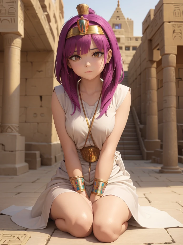 Cute ancient Egyptian princess、Colorful temples of ancient Egypt、The colorful streets of ancient Egypt、Artistic、detailed、Colored linen clothes、Sitting posture、front、Spread your legs