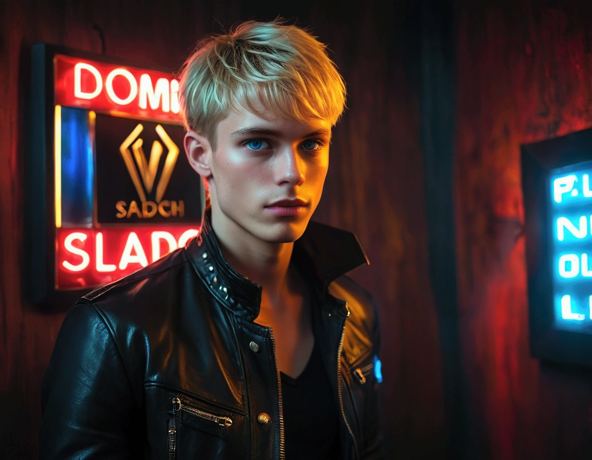 Hyper realistic, dark vibes, solo, young male fashion model (Dominik Sadoch), boyish, 22 years, pale skin, blue eyes, (short textured blond hair:1.1), layered bangs, black leather jacket, dark lighting, in luxury strip club room, (smirk:1.1), (holding a knife up:1.1), (neon sign in background that says "CONTEXT":1.1)