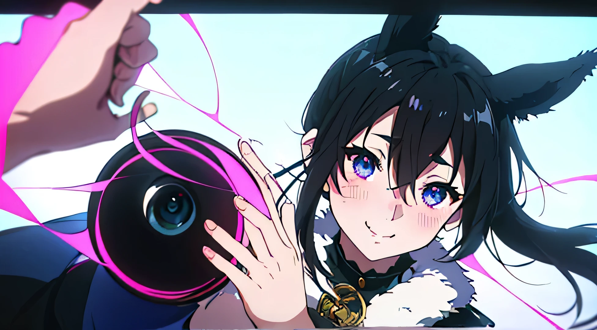 black hair, hair bobbles, wince, longeyelashes, solid circle eyes, fake animal ears, light smile, ear blush, fang, ccurate, Surrealism, drop shadow, anaglyph, stereogram, tachi-e, pov, atmospheric perspective, 8k, super detail, best quality, high details, high quality, 4K