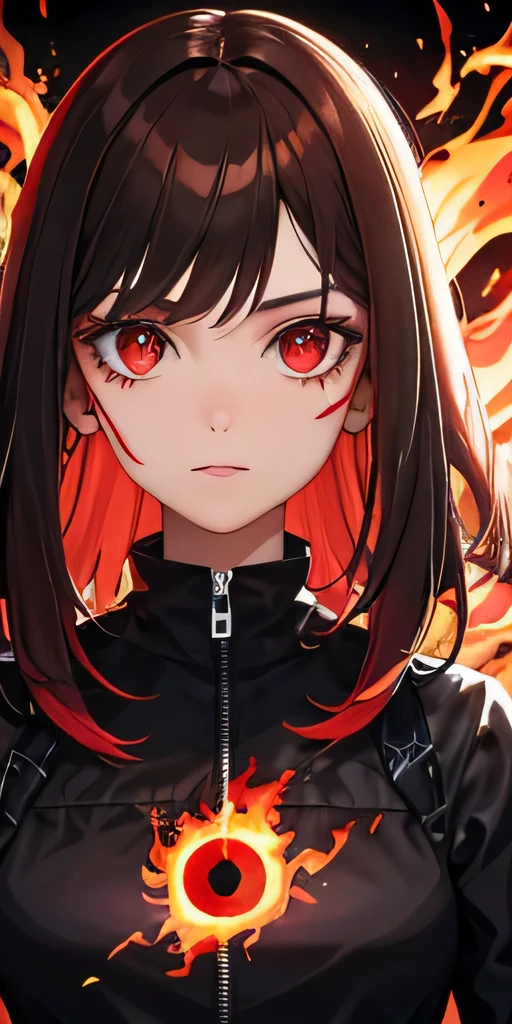 1girl,brunette color hair,red - eyed,Fire Witch,Blood,light particules,