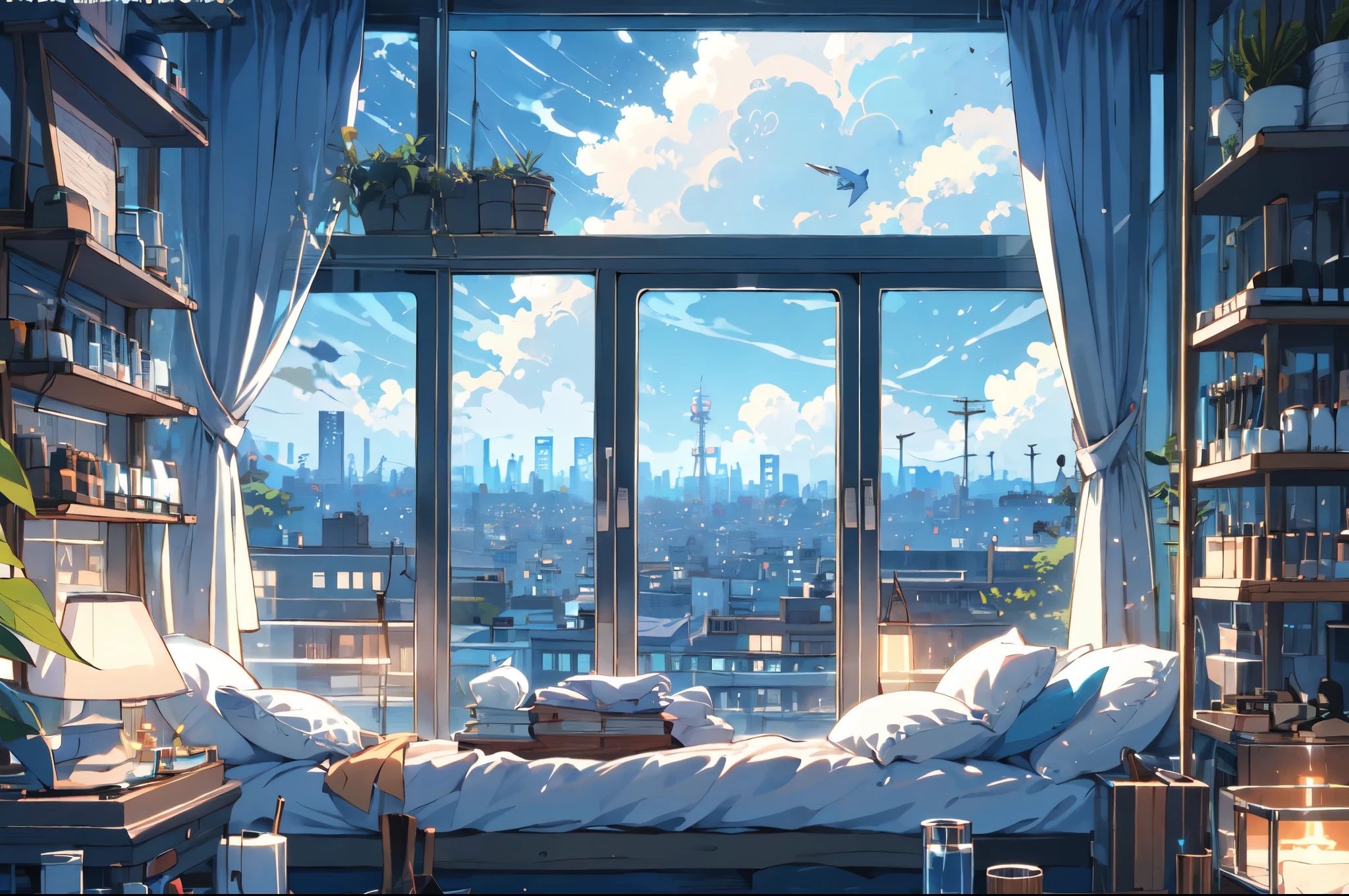 (masterpiece:1.2), highest quality,Pixiv,Pleasant animation scenes,room,in room,house,game,
scenery, cityscape, city, nullscraper, building, window, cloud, food, indoor, computer, Book,table, clock,No humans, Chair, monitor,dish, nullline, Lie in
 