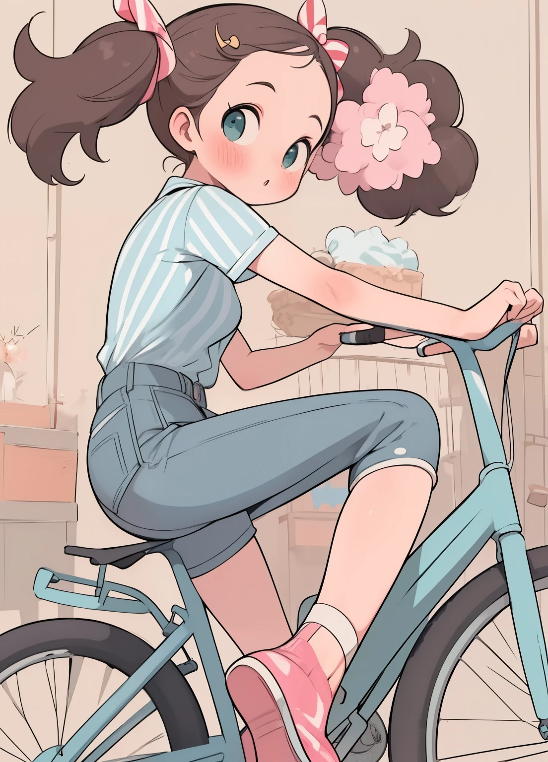 (masterpiece、Highest quality、Highest quality、Official Art、Beautiful and beautiful:1.2)、(One girl:1.3)Hatsune Miku、Twin tails,Beautiful breasts, A woman in her fifties riding a bicycle wearing high-rise booty shorts and a striped shirt, Fine art, pin up, pin up, 50s Style, pin up, pin up, pin up body, girl pin up, vintage pin up, レトロな50s Style, pin up girl, sophia loren, photo of sophia loren, young sophia loren, Her bike has two wheels, The rear wheel of the bike takes up most of the frame in the foreground of the image,