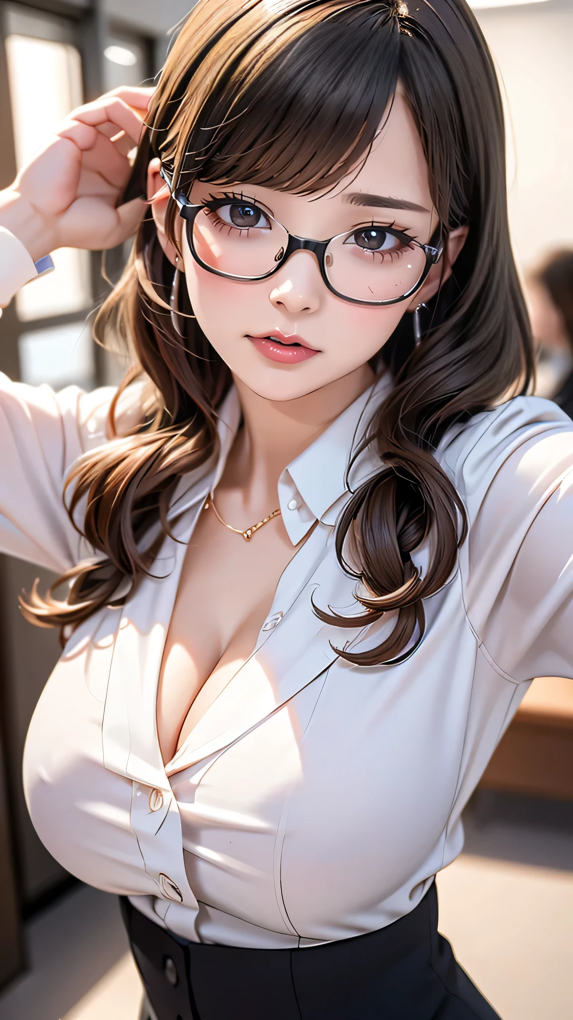 1woman,random office lady fashion,(Thin type),(large breasts),(random pose),(random hairstyle),(Highest image quality,(8K), Ultra-realistic, Best Quality, High quality, High Definition, high quality texture, high detailing, Beautiful detailed, fine detailed, extremely details CG, Detailed texture, realistic representation of face, masterpiece, presence),(wearing glasses:1.2)