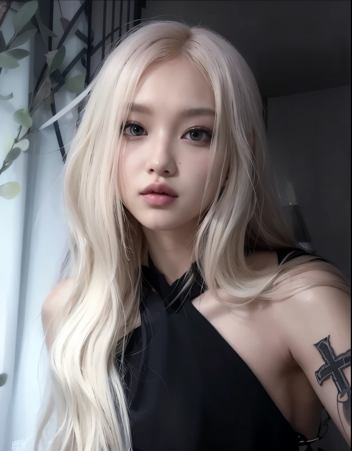 Blonde woman with long hair and a cross tattoo on her arm, Portrait of Blackpink Josh, Blackpink's Roseanne Park, long blonde hair, pale porcelain white skin, with long white hair, with long white hair, very pale blonde, pale hair, Brutal Korean Goth Girl, beautiful korean girl, ig model | art manure, korean girl