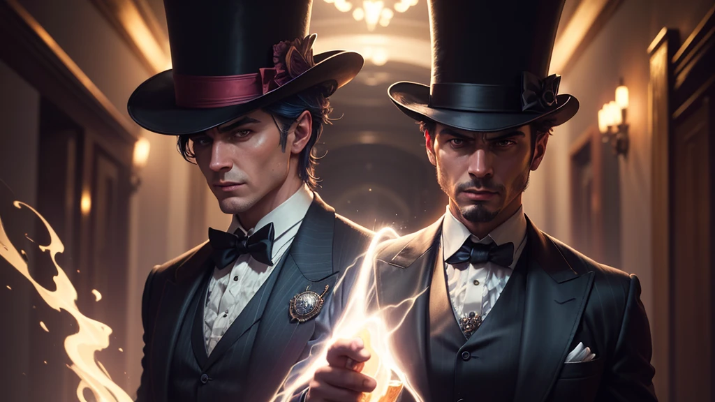 magicoman in a top hat, suit and tie, extremely detailed, hyperrealistic, cinematic lighting, dramatic composition, intricate details, vibrant colors, chiaroscuro, oil painting, digital art, concept art, award-winning, 8k, best quality
