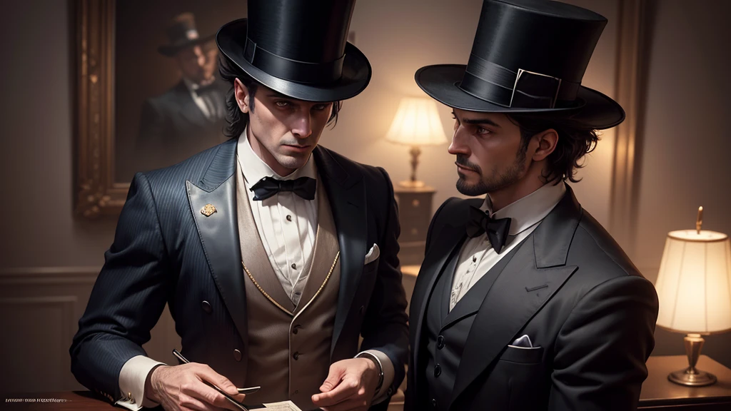 magicoman in a top hat, suit and tie, extremely detailed, hyperrealistic, cinematic lighting, dramatic composition, intricate details, vibrant colors, chiaroscuro, oil painting, digital art, concept art, award-winning, 8k, best quality
