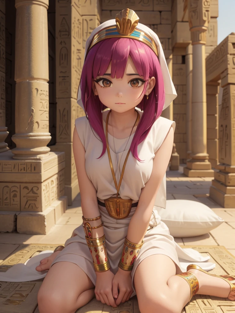 Cute ancient Egyptian princess、Colorful temples of ancient Egypt、The colorful streets of ancient Egypt、Artistic、detailed、Colored linen clothes、Sitting posture、front、Spread your legs