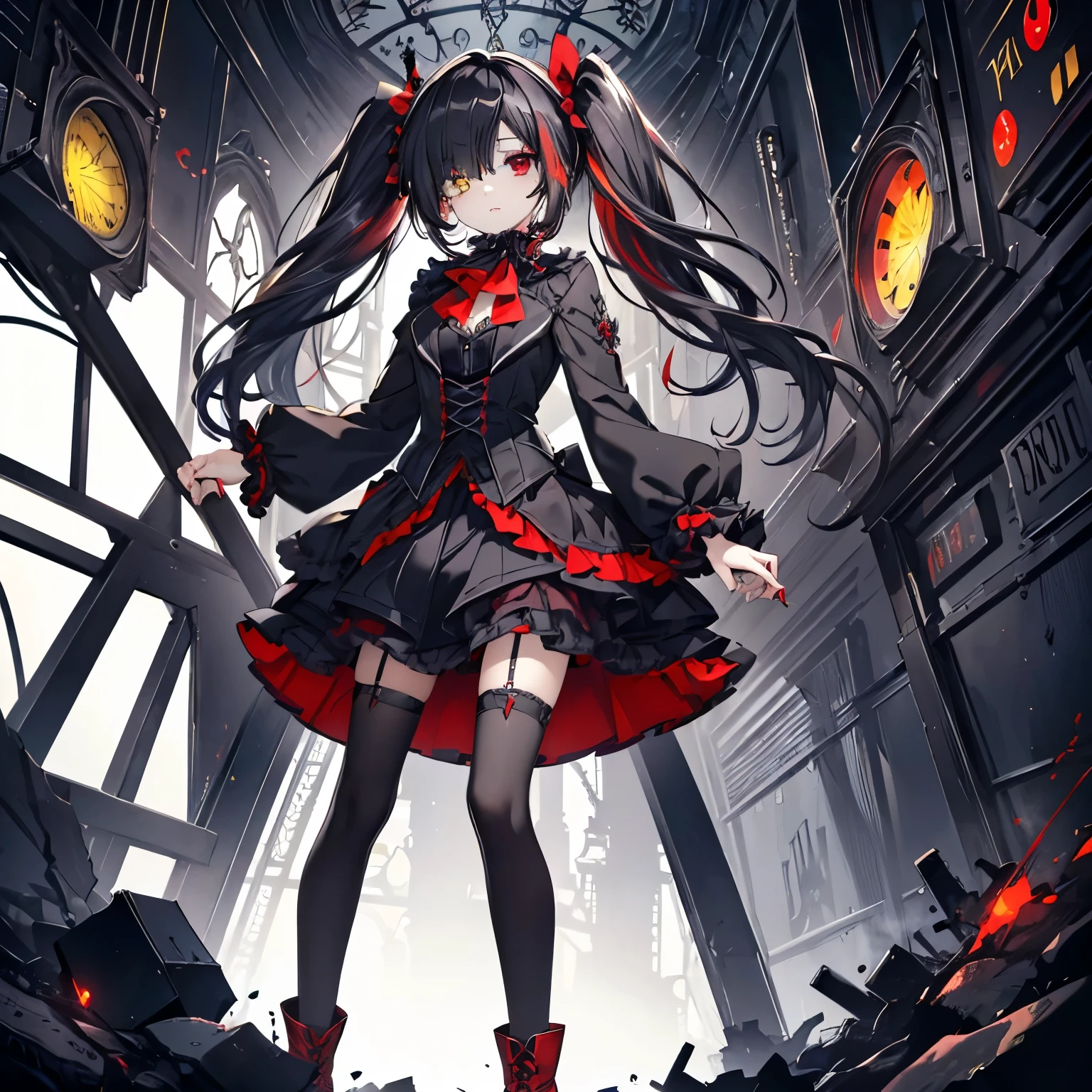 masterpiece, 最high quality, high quality, High resolution, Absurd, Very detailed, Best Anatomy, Detailed eyes, Perfect Eyes, The body is slim, Slim legs, One girl, alone,Very small breasts and a super body,tokisaki kurumi, Clock Eye, Black Hair, Twin tails, (Red eyes:1.5), (Yellow Eyes:1.5), (Heterochromia iridis:1.5),, tokisaki kurumi, Clock Eye, Black Hair, low Twin tails, (Hair on one eye:1.5), (Red eyes:1.5),, , Jacket, pantyhose, Pleated skirt, black pantyhose,, hair band, dress, bow, ribbon, (Gothic fashion:1.5), Gothic,