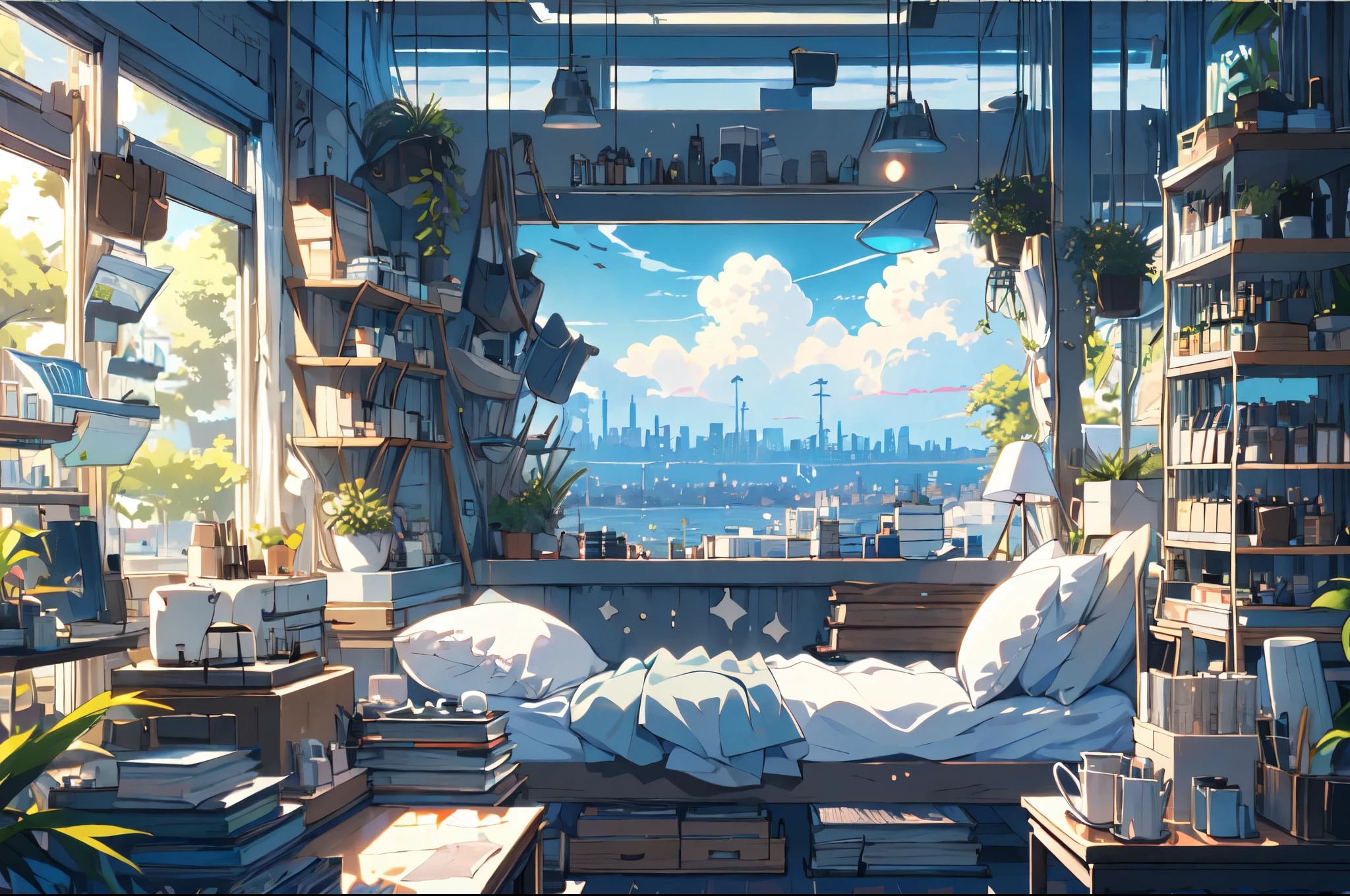 (masterpiece:1.2), highest quality,Pixiv,Pleasant animation scenes,room,in room,house,game,
scenery, cityscape, city, null scraper, building, window, cloud, indoor, computer, Book,table, clock,No humans, Chair, monitor, nullline, Lie in,cyber,alone
 