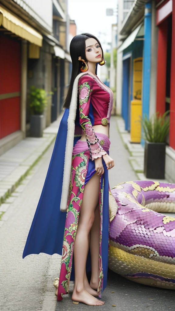 Moisturized skin, (Pink and bright eyes), (Looking down on someone), Perfect body,
(Beautiful navel), (Side slit), (Epaulets), Cape, Crop top, Cloak,
(Super long hair), (Large gold and curved earrings: 1.2),
(((Excellent + Top quality + High resolution + Very detailed))), (Full body: 1.2), Symmetrical, One shot,
(Japanese city streets: 1.3),
(ONE PIECE), (Kasumi Arimura: 1.4), (Boa Hancock: 1.3), ((Large snake)),