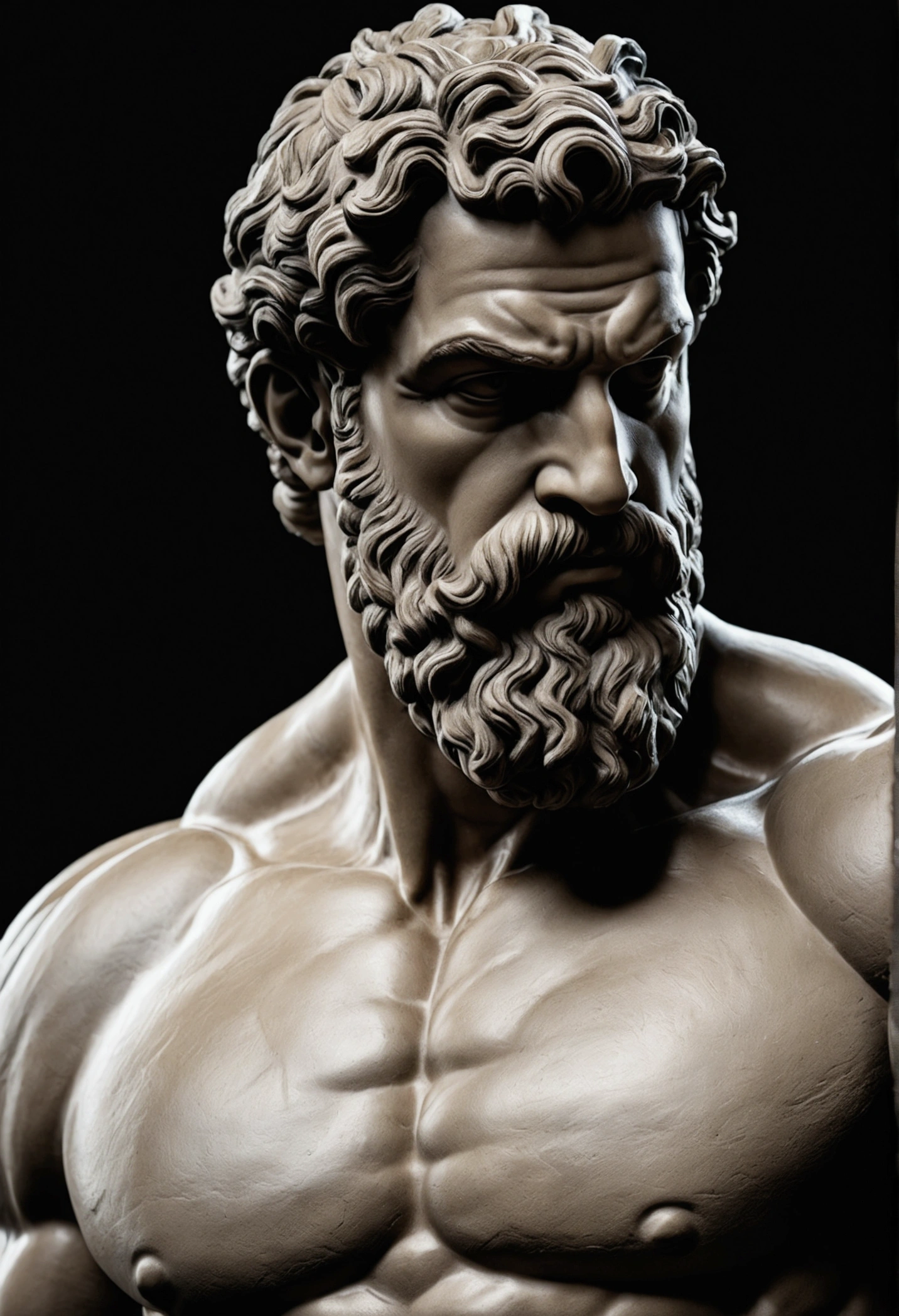 Greek statue resembling Hercules, close up, 8k, black backdrop
