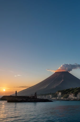 Two small volcanoes side by side seen from the opposite side of the sea, the view is an ancient castle
