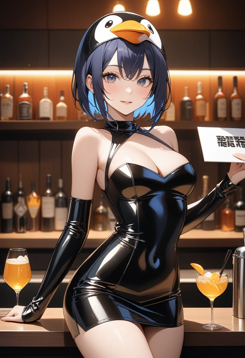 A woman serving customers at the bar counter, latex, She is wearing a penguin costume, In the bar, ((Highest quality)), ((masterpiece)), (Familiar), Perfect Face, Skirt cowboy shot,Holding a sign in front of the chest,Sexy Woman, Medium chest,, ((Upper Body)), close,