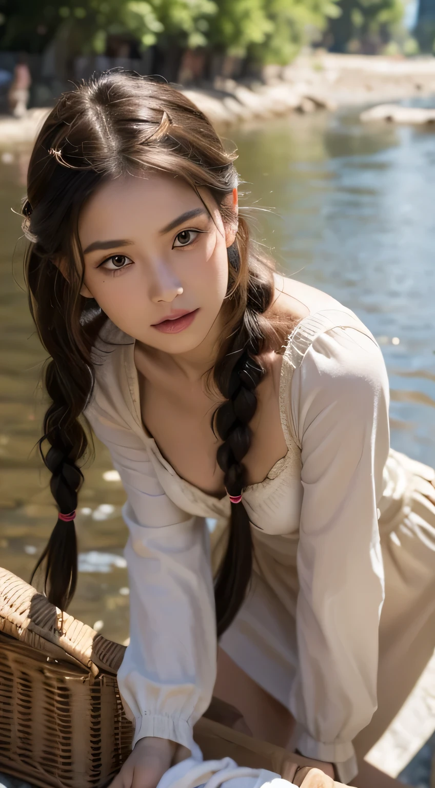 1 peasant girl, solo focus, smaller head, serene eyes, thin lips, no makeup, dark braided hair, fashion hair, light brown eyes, medium breasts, cleavage, pauper dress, costume, doing laundry by the river, masterpiece, ultra HD, raw photos, detailed skin textures, detailed face, detailed hair, perfect hands, cowboy shot,