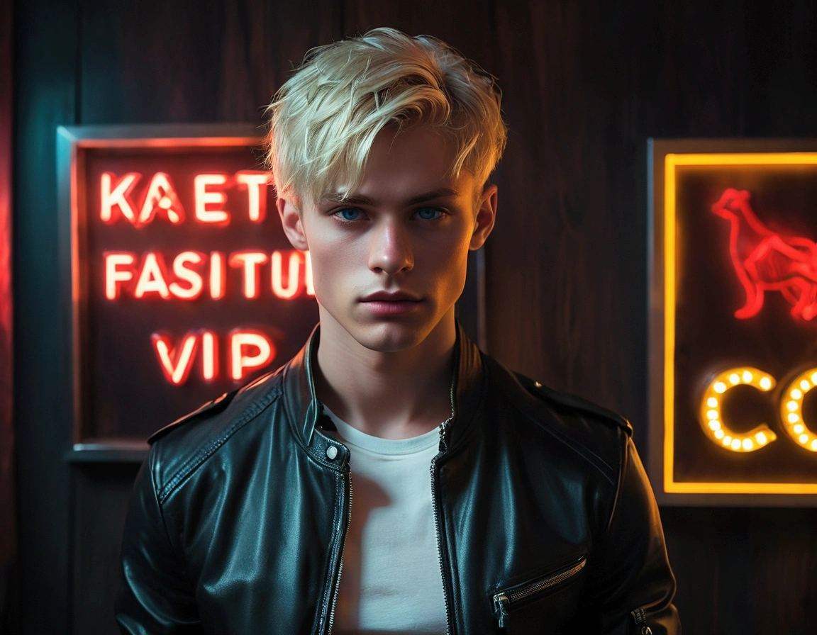 Hyper realistic, dark vibes, solo, young male fashion model Dominik Sadoch, boyish, 22 years, pale skin, blue eyes, (short textured blond hair:1.1), layered bangs, black leather jacket, dark lighting, in luxury strip club room, (smirk:1.1), (holding a knife up:1.1), (neon sign in background that says "CONTEXT":1.1)