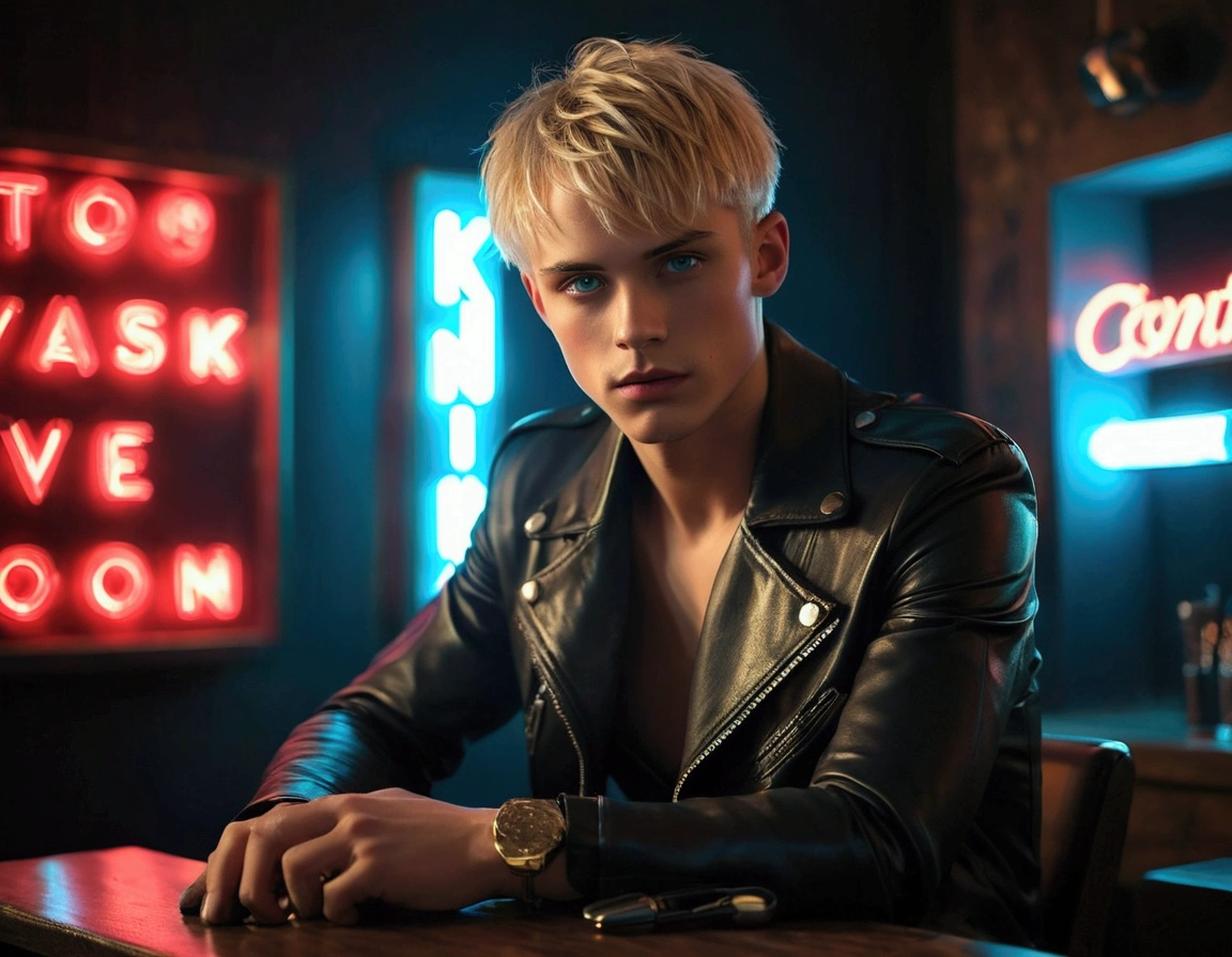 Hyper realistic, dark vibes, solo, young male fashion model Dominik Sadoch, boyish, 22 years, pale skin, blue eyes, (short textured blond hair:1.1), layered bangs, black leather jacket, dark lighting, in luxury strip club room, (smirk:1.1), (holding a knife up:1.1), (neon sign in background that says "CONTEXT":1.1)