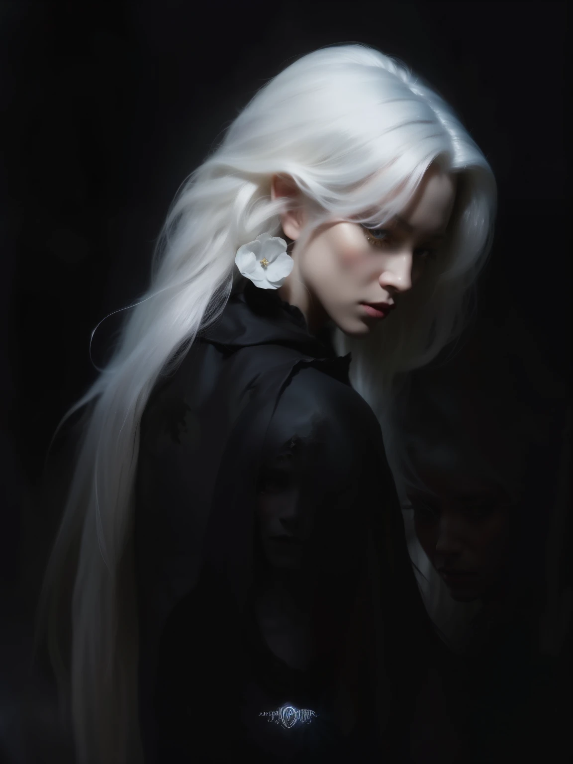 A woman with long white hair wearing a black dress and flowers in her hair, detailed matte Fantasy portrait, fantasy art portrait, digital Fantasy portrait, stunning digital illustration, beautiful fantasy art portrait, digital fantasy art ), Dark fantasy style art., fantasy art style, beautiful Fantasy portrait, Fantasy portrait, fantasy concept art portrait, Fantasy portrait art, dark Fantasy portrait