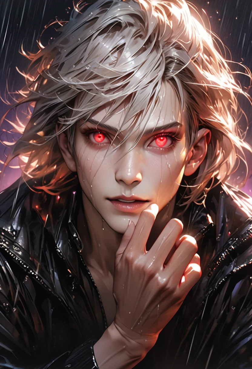 anime boy, cool pose, white hair, red eyes, glowing eyes, black coat, rain, night, purple particle, Ultra realistic, hyper realistic, detailed lighting, UHD, detailed face, edge lighting, Masterpiece, highest quality, high resolution, detail maniac, high definition, high quality, detailed face, detailed body limbs, detailed five fingers