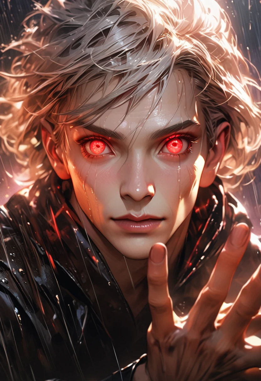 anime boy, cool pose, white hair, red eyes, glowing eyes, black coat, rain, night, purple particle, Ultra realistic, hyper realistic, detailed lighting, UHD, detailed face, edge lighting, Masterpiece, highest quality, high resolution, detail maniac, high definition, high quality, detailed face, detailed body limbs, detailed five fingers