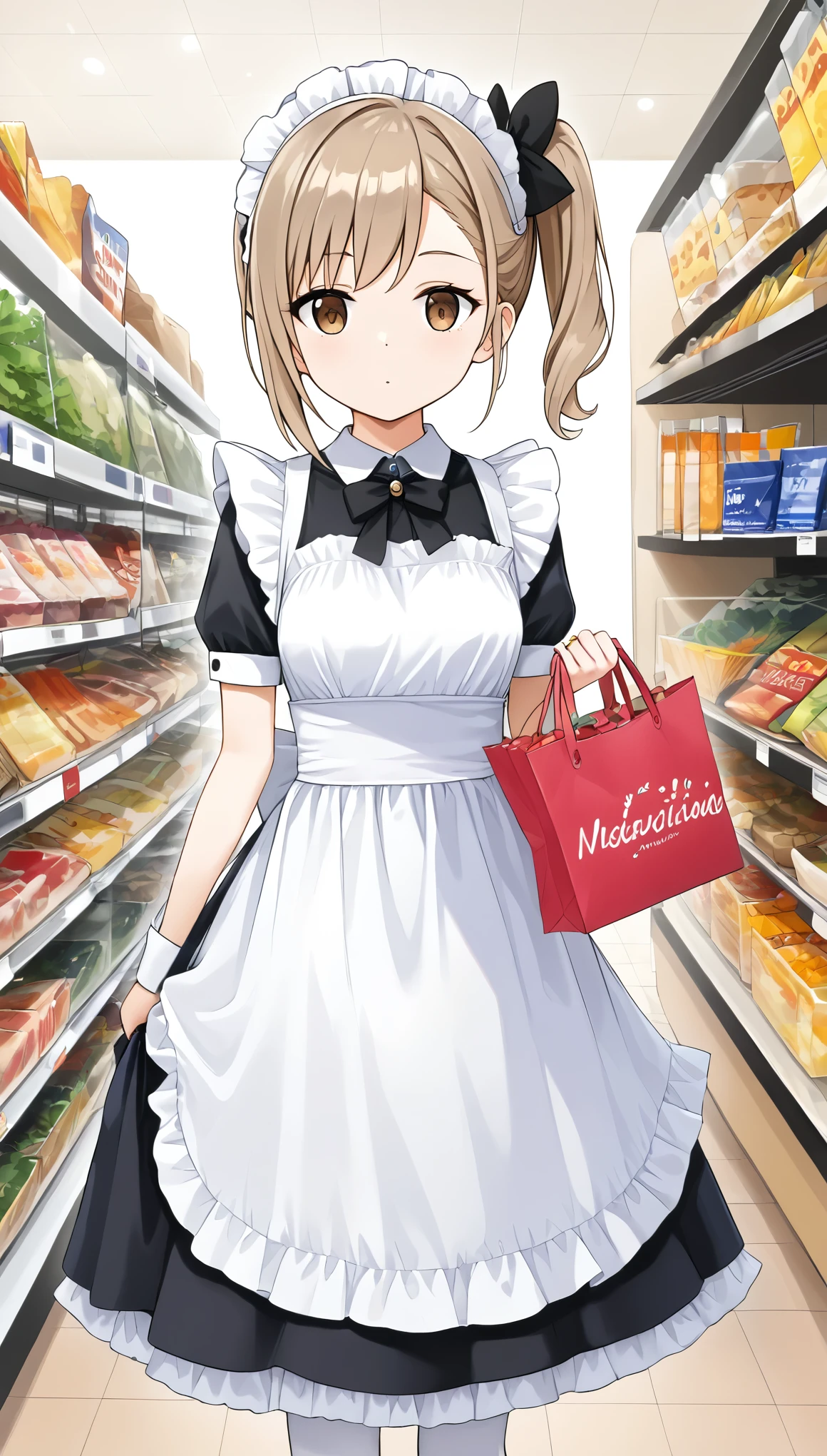((masterpiece)), ((best quality)), perfect detailed eyes, perfect detailed face, ultra-detailed nose, side ponytail, light brown hair, hair bow, Maid, maid outfit, Maid costume, frilly maid apron, Going out shopping, carrying a tote bag on her shoulder