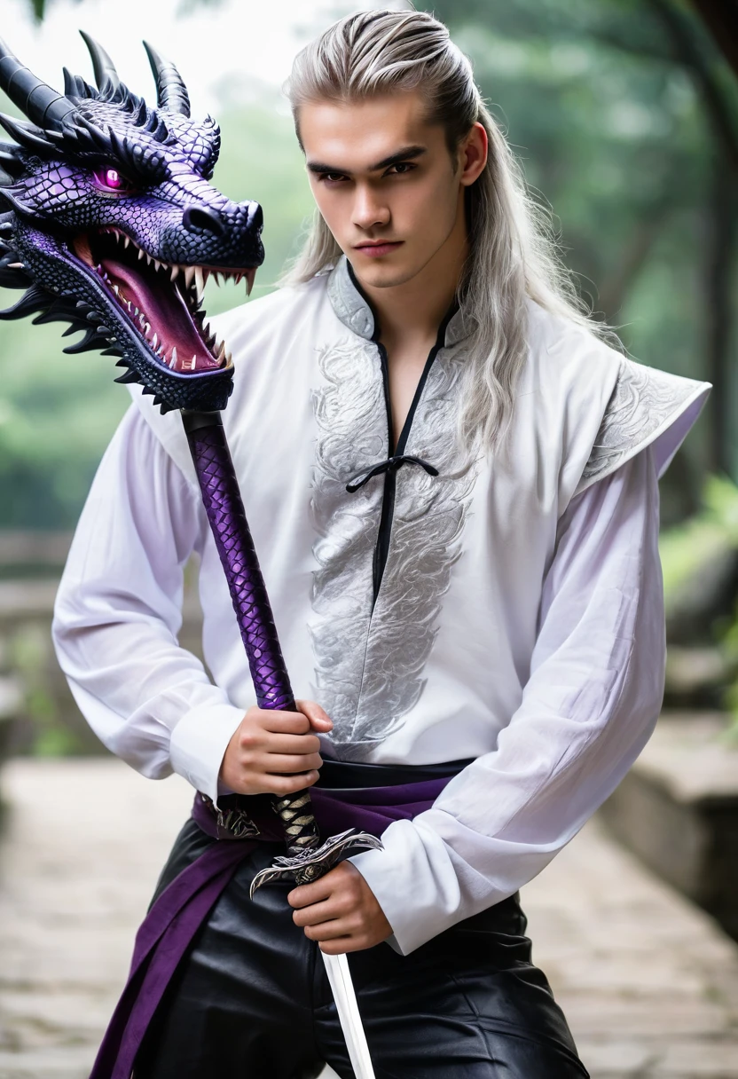 young man teenager Long silver hair tied back, purple eyes, both beautiful and handsome, wearing a white dress and black leather pants. One hand holding a sword Behind it is a black dragon.