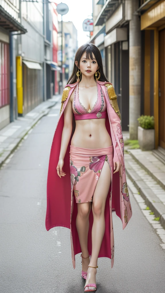 Moisturized skin, (Pink and bright eyes), (Looking down on someone), Perfect body,
(Beautiful navel), (Side slit), (Epaulets), Cape, Crop top, Cloak,
(Super long hair), (Large gold and curved earrings: 1.2),
(((Excellent + Top quality + High resolution + Very detailed))), (Full body: 1.2), Symmetrical, One shot,
(Japanese city streets: 1.3),
(ONE PIECE), (Kasumi Arimura: 1.4), (Boa Hancock: 1.3), ((Large snake)),