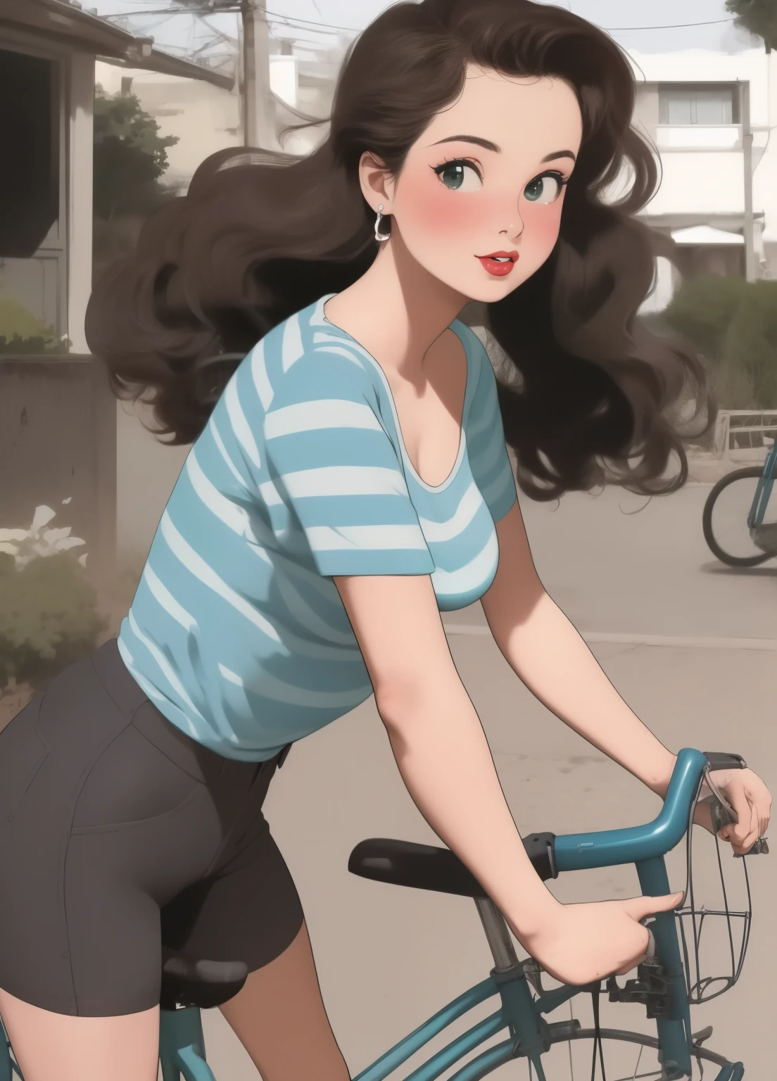 (masterpiece、Highest quality、Highest quality、Official Art、Beautiful and beautiful:1.2)、(One girl:1.3)Hatsune Miku、Twin tails,Beautiful breasts, A woman in her fifties riding a bicycle wearing high-rise booty shorts and a striped shirt, Fine art, pin up, pin up, 50s Style, pin up, pin up, pin up body, girl pin up, vintage pin up, レトロな50s Style, pin up girl, sophia loren, photo of sophia loren, young sophia loren, Her bike has two wheels, The rear wheel of the bike takes up most of the frame in the foreground of the image,