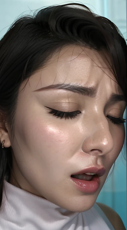 Beautiful Japanese actresses、1 Girl,Flying debris,,Award-winning photo, Very detailed,Face Focus, Big double eyes(Woman with open mouth and closed eyes ), 30 years old、Black Hair、Shiny skin、(((Face close-up)))、Realistic nostrils、Long and narrow nasal cavity,、In the toilet、(On the floor of a public toilet)、Squat、((White turtleneck sleeveless dress))、Big Breasts、(Sharp Nose)Frowning 表現:1.4,,Facial Expressions,Frowning,please raise your head、Skin shiny with sweat,Oily facial skin,Biting your lip,Tied Hair,Wearing a tank top,Put your nose closer to the camera,((Open your mouth wide to receive something))View your viewers, (((Damp philtrum))),((Face close-up)),(((Close-up of the nose)))(((furrowed brow, raised eyebrows)))