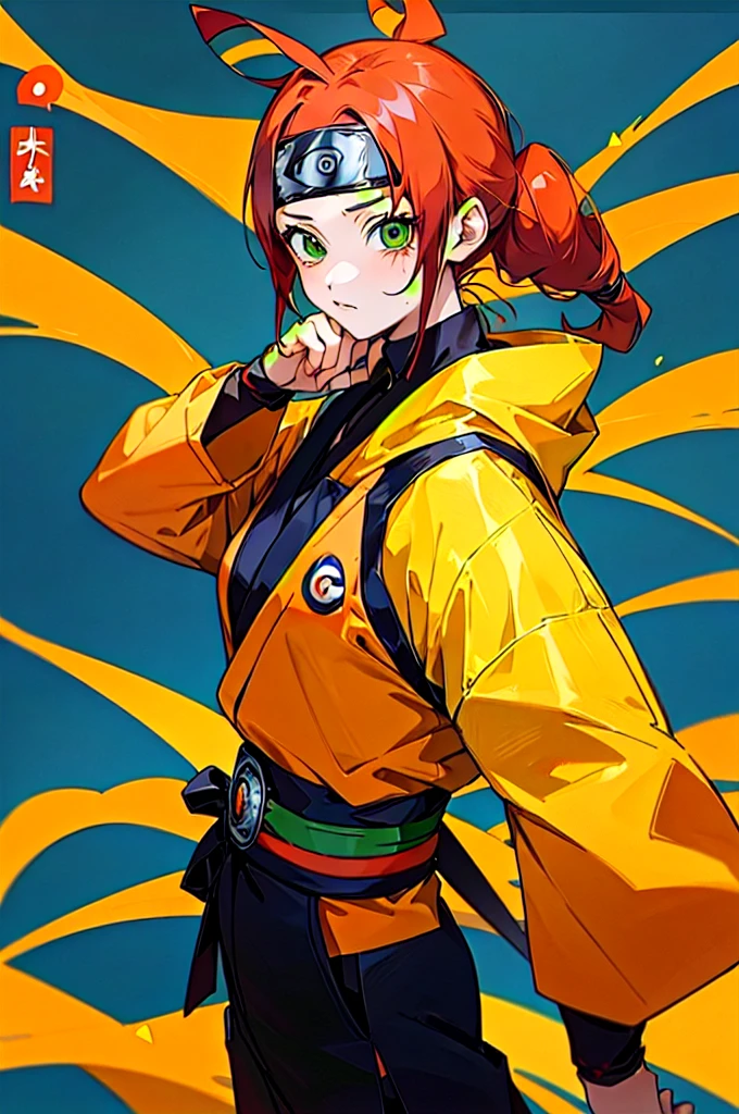 A girl from Naruto anime. Create a ninja costume for a thirteen year old girl and make her the sign of the Uzumaki clan. she red haired and green eyes