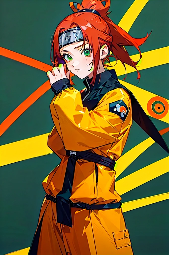 A girl from Naruto anime. Create a ninja costume for a thirteen year old girl and make her the sign of the Uzumaki clan. she red haired and green eyes