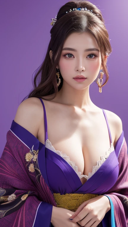 (8k, Highest quality, High resolution, masterpiece :1.3, RAW Photos), ((Accurately expresses the fine details of the face and skin texture)), ((Purple Background)), Beautiful adult woman, Long contour, Oiran, Gorgeous red kimono::2, hairpin, Captivating look, Strike a Pose, Earrings,　Cleavage、Loose kimono、