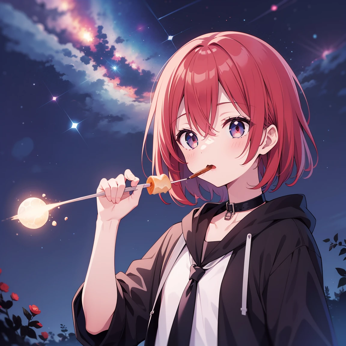 (Highest quality), (masterpiece), 1080P, High resolution, 4K, 8k, boy, black Parker, food up, Red hair, Upper Body, Night Sky, Starry Sky, meteor,