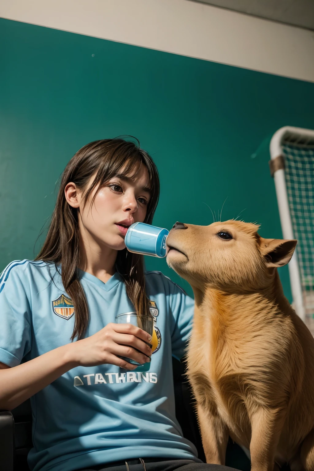 I need a good quality image of a capybara that is drinking mate and has the Boca Juniors soccer shirt