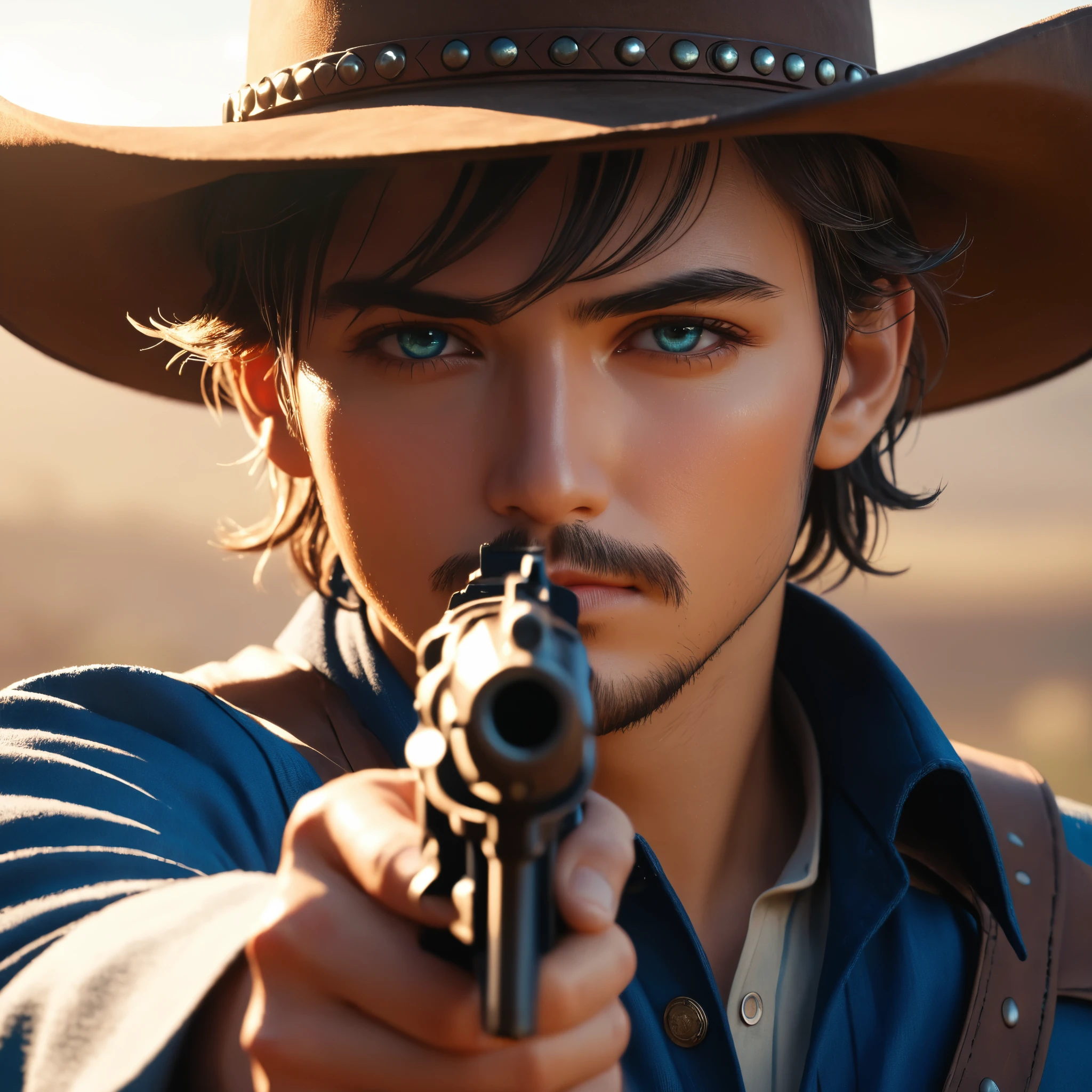 Face Up, ((cowboy, Holding a gun, 画面いっぱいのcowboy, Detailed Eyes Dramatic Lighting、A calming color palette, (Highest quality, 4K, 8k, Realistic, High resolution, masterpiece:1.2).