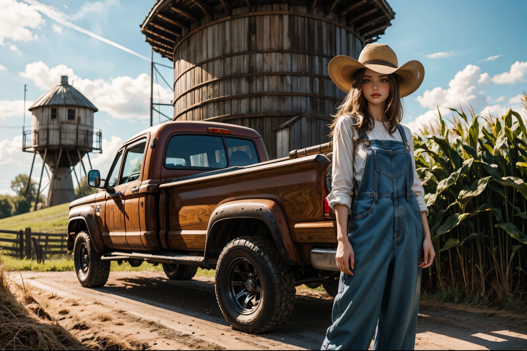 full-length long shot of a beautiful blonde young woman on a farm in America (shepherdess), denim jumpsuit with suspenders and a shepherd's old hat and cowboy boots, in the background a field with corn and a water tower and a red old pickup truck, a girl posing outside the sun is summer and hot, excellent photo quality long shot, super detail