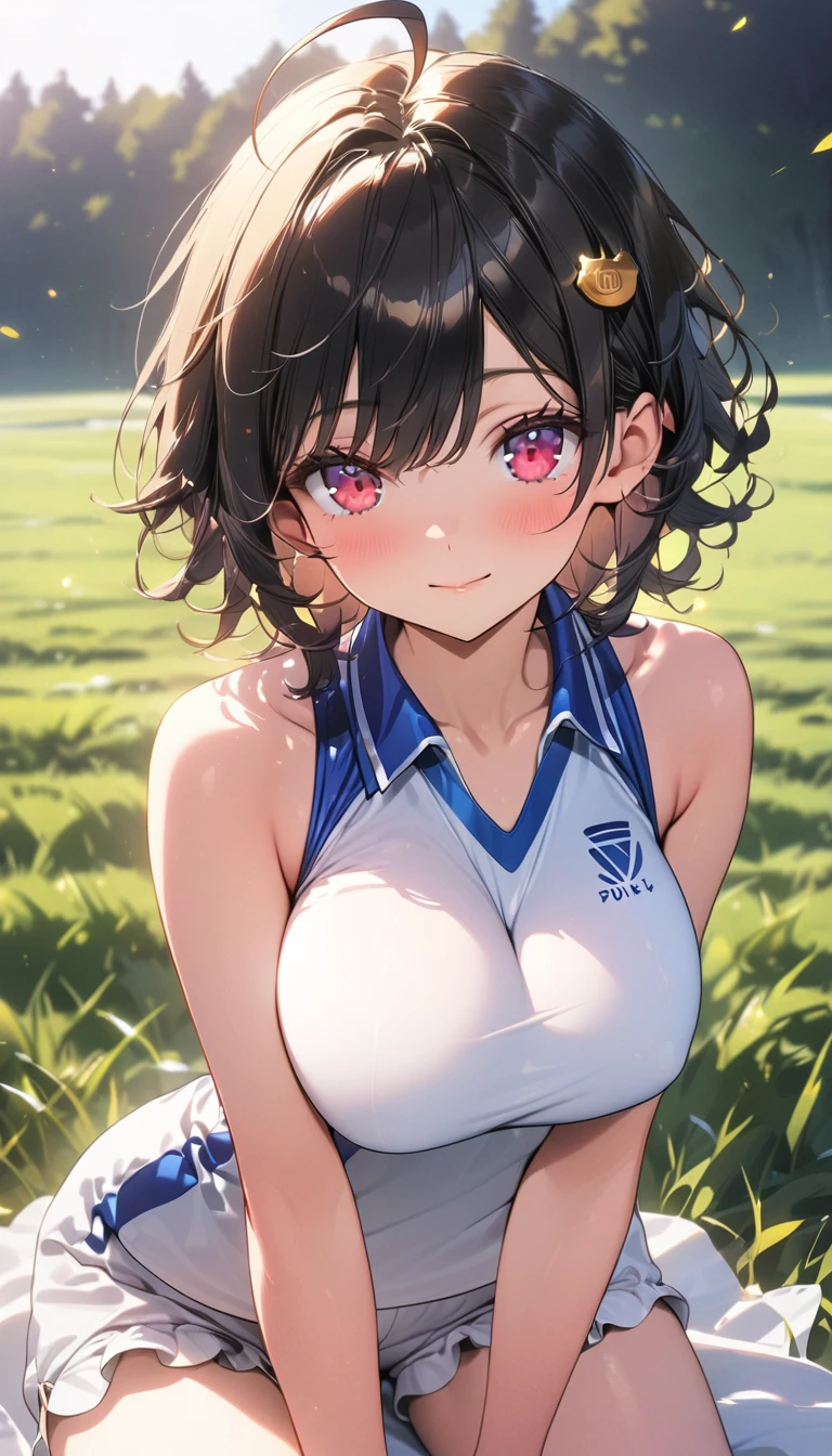 (Best quality, 8k, 32k, Masterpiece, UHD,:1.2),RAW, 1girl,ultra cute , natural lighting,transparent shining eyes, 20yo ,fair complexion, solo, female,  a black haired girl, wearing a volley uniform, curly short hair, messy hair, slim body, he close her left eye, shirt ornament, ruby eyes, ahoge, baby face, big breast, beautiful breasts, rounded breasts, long sleeves, beautiful eyes, white stocking, droopy eyes, her age is 19 years old, field, lovely face, kuudere, curly hair, volley_uniform, bloomers