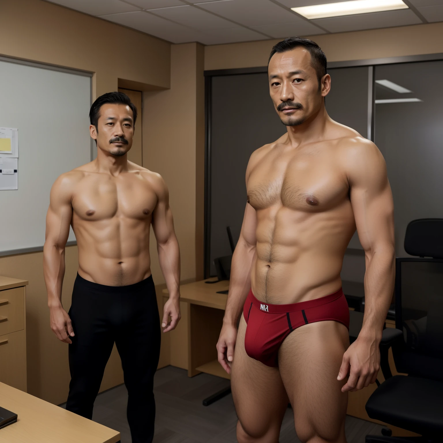 40 years old，Hidetoshi Nakata，（Kogoro Mori 1.3），whole body，Black socks，Two skinny muscular men standing，office，Thick body hair，Red underwear，Topless，Densely hairy，Fortitude，HD，With a mustache，Suit