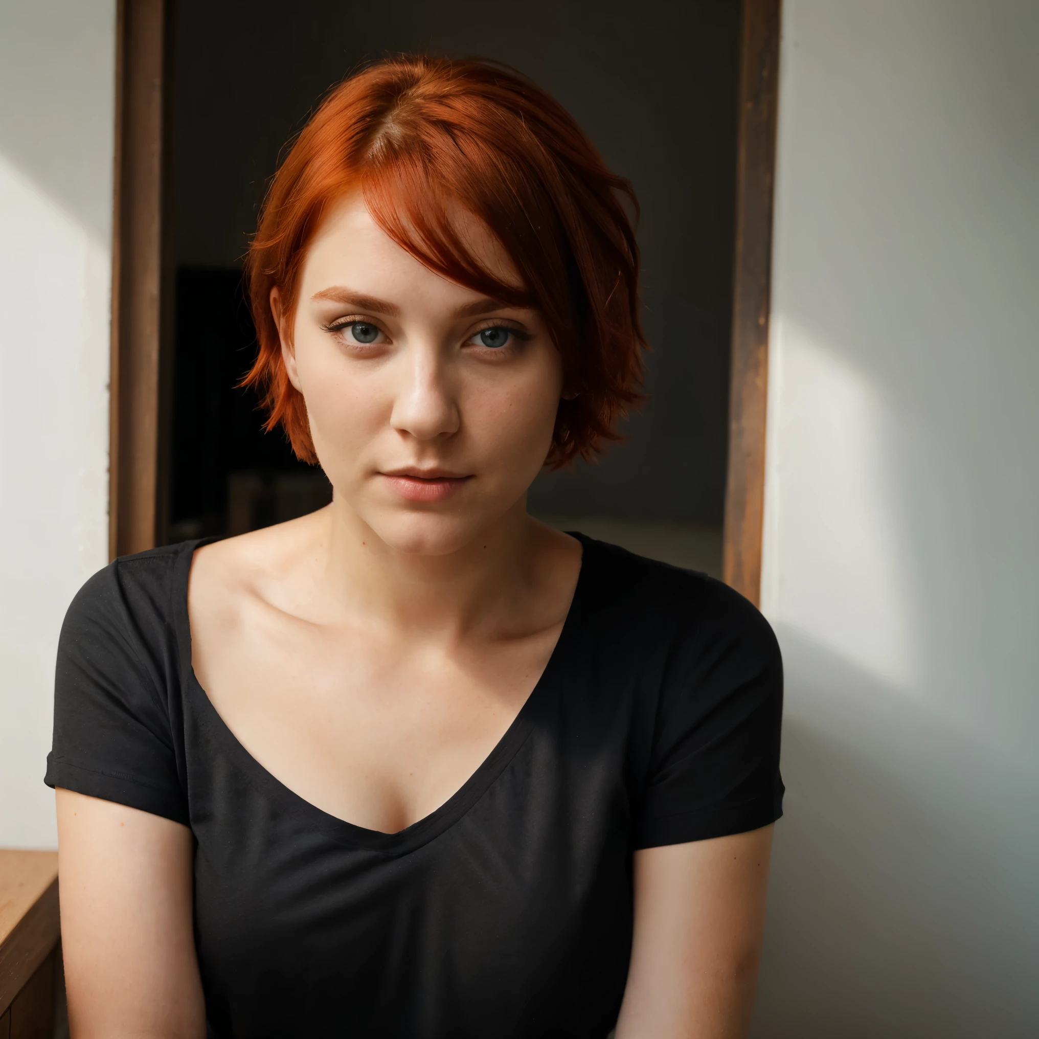 front view, looking at camera, RAW photo,((black shirt:1.2)), ((portrait)),beautiful red hair 30 years old woman, blue eyes, short hair, perfecteyes eyes, angelical face, t-shirt that covers the shoulders and base of the neck