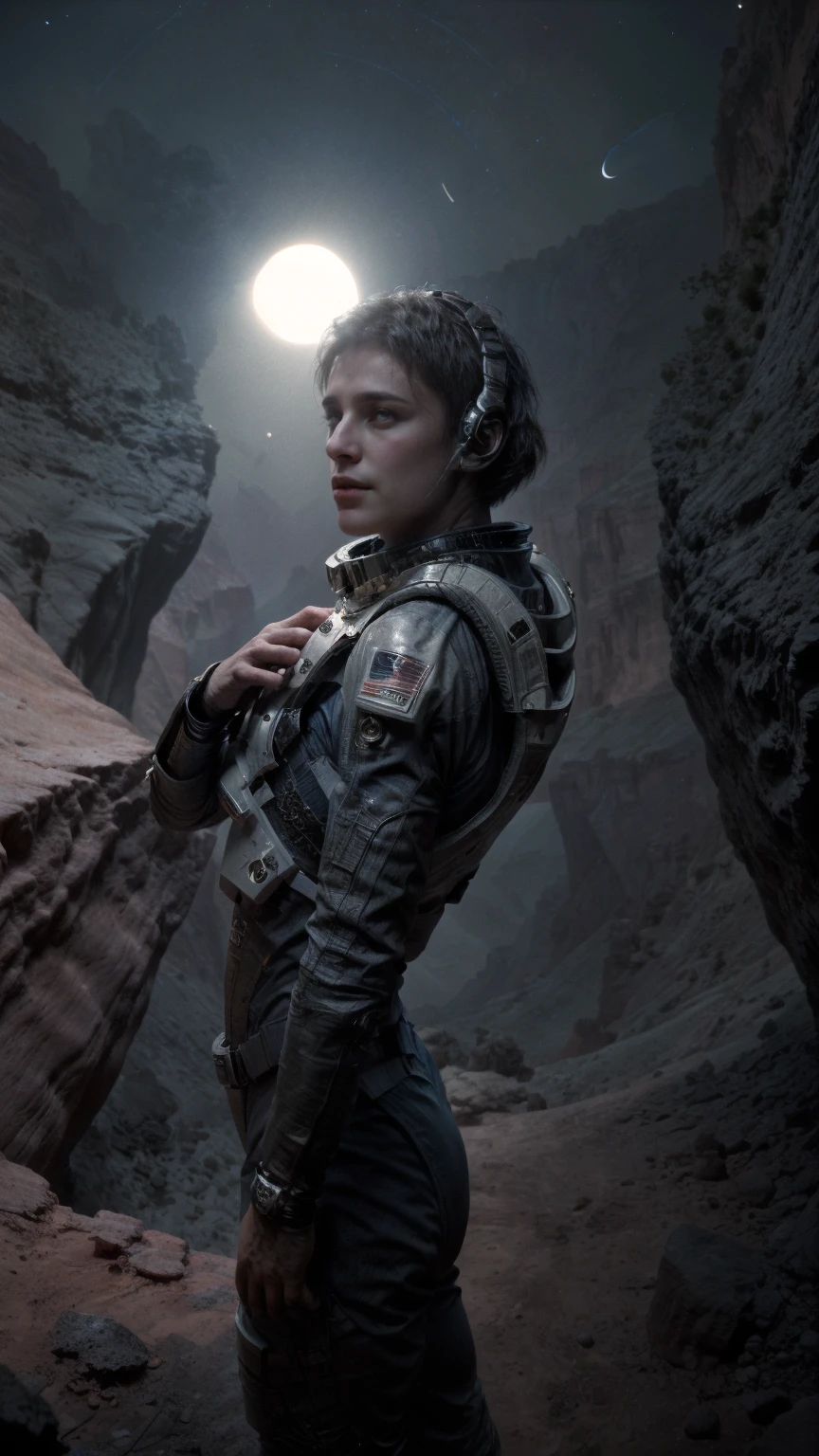 cinematic film, Realistic photograph, An astronaut stands at the edge of a daunting canyon on Mars, gazing into the vast chasm that stretches before him under the starlit sky. The night is illuminated by the distant stars and the faint light of the planet, casting long shadows across the Martian landscape. The steep and rugged walls of the canyon seem insurmountable, and the astronaut, clad in his spacesuit, screams into the void, a mix of awe and exasperation evident in his expression. The Martian terrain, scattered with rocks and shadows, adds to the atmosphere of mystery and the challenges of space exploration. ,shallow depth of field, vignette, highly detailed, high budget, bokeh, cinemascope, moody, epic, gorgeous, film grain, grainy,