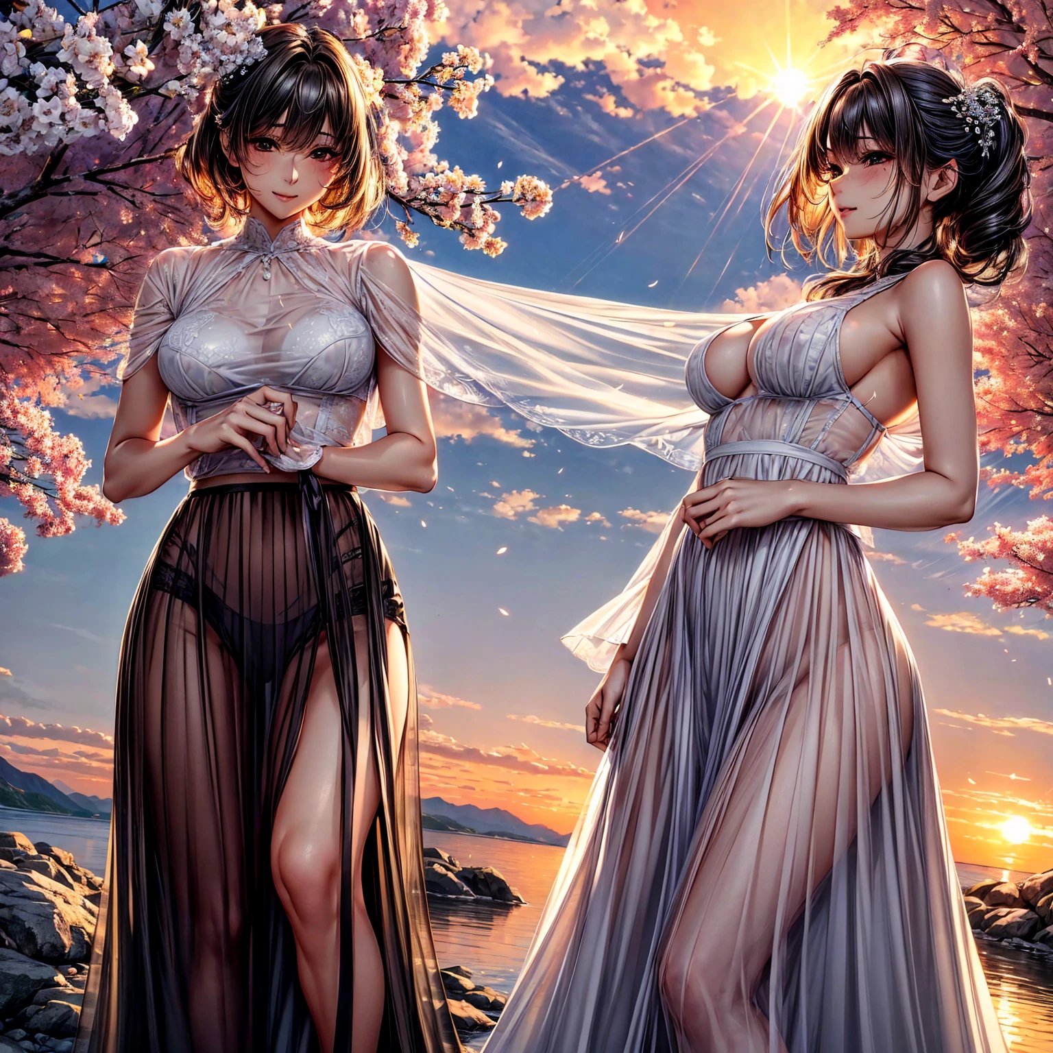 (Highest quality、masterpiece、Very high resolution、Ultra HD、2.5th dimension 1.5)、A woman who combines perfection and ultimate beauty:1 person:18-year-old、Highly detailed face、Highly detailed body、Beauty Painting、Realistic portraits、Beautiful body、Beautiful Face、Perfect figure:Beautiful Breasts F Cup、Medium Short Hair:Colored、Wide variety of hairstyles、Beautiful Hair:Colored、(((See-through clothing:A pleated skirt that lets you see through underwear-like undergarments)))、Realistic textured skin and body、Realistic breast texture、(Beautiful posture:1.5)、Model pose、Sculpture Pose、Photo engraving、photo shoot、Bright smile、Open-air bath at dusk、Natural hot springs illuminated by the setting sun、sunset、Natural open-air bath、Hair flutters under the influence of the wind、Styling hair by hand、Cherry tree in full bloom、Beautiful views、Beautiful sunset、Exact details、Detailed Images、Accurate Images、Perfect Image
