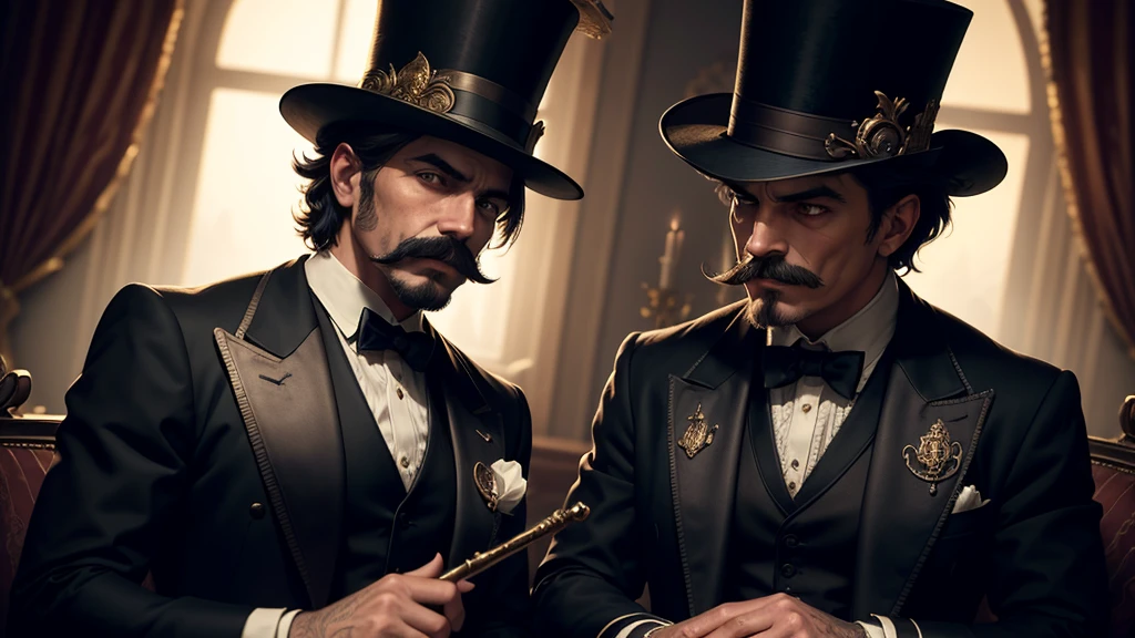 a man with a mustache,top hat,magic wand,magician,magical fantasy,dark moody lighting,dramatic atmosphere,cinematic composition,intricate details,rich colors,chiaroscuro lighting,dramatic pose,mystical energy,supernatural elements,surreal ambiance,detailed textures,elegant attire,vintage aesthetic,refined elegance,aristocratic charm,old world charm,highly detailed,hyperrealistic,photorealistic,8k,award winning
