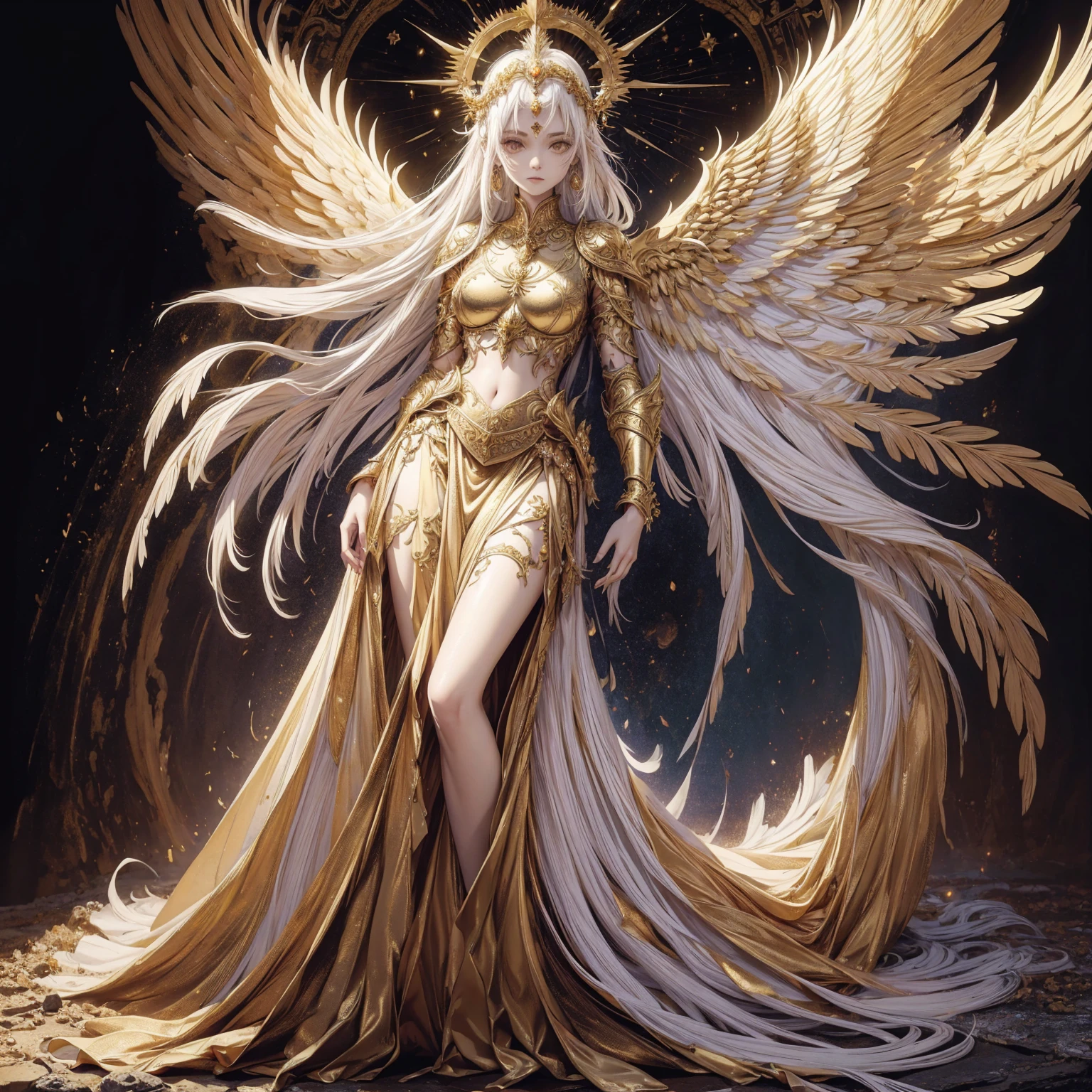 Art of Woman Wearing Sun Crown, Wearing a gorgeous golden breastplate that exposes a small amount of skin above the chest, Wearing a gorgeous golden skirt, A pair of giant angel wings taller than the body spread out behind the woman., ancient goddess art, Sacredness. Very detailed, Mysterious inspiration, Inspiration from the Sun God, Religious inspiration, Cold and snobbish face, Dangerous expressions, White hair, Standing, Full body portrait, Gothic art style, Weird art style, Occult art