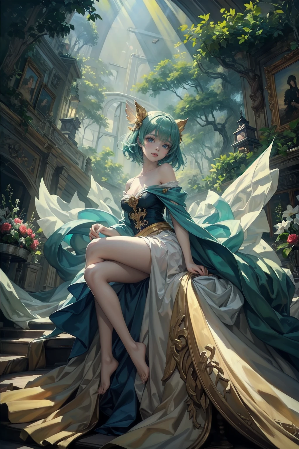 Anime-style illustrations, One girl, Princess, Bright green hair, Green Forest Spirit, beautiful Bright green hair, nature, Fantasy, Detailed face, beautiful light green eyes, Expressive eyes, Detailed lips, Sitting on a branch of a tall tree, Dangling your legs, (Highest quality,4K,8k,High resolution,masterpiece:1.2),Very detailed,Intricate details, Vibrant colors, Fantasy art, Digital Painting, Cinema Lighting, Magic, Movie angle, Full Body View