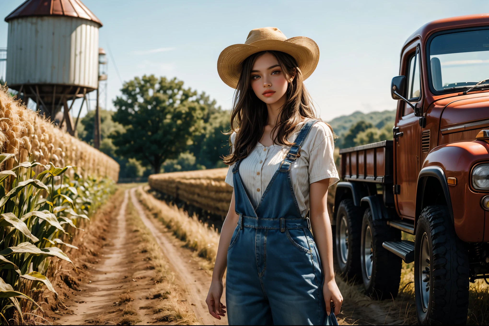 full-length long shot of a beautiful blonde young woman on a farm in America (shepherdess), denim jumpsuit with suspenders and a shepherd's old hat and cowboy boots, in the background a field with corn and a water tower and a red old pickup truck, a girl posing outside the sun is summer and hot, excellent photo quality long shot, super detail